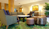 A couch, chairs and table arranged for conversation in the Adventure Tower lobby