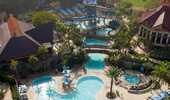 A very high aerial view of the Disneyland Hotel pool area.