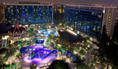 Nighttime view from one Disneyland Hotel tower to the other two, and all in between.