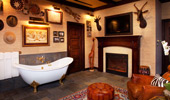 Living area in master bedroom with claw-foot bathtub and fireplace.
