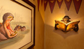 Sculpture of a monkey reading a book is actually a lamp, positioned above the latrine.