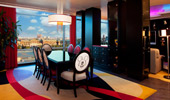 Dining area with table and chairs.