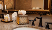 Close up on vanity amenities.