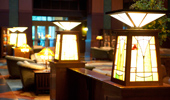 Close up on stained glass table lamps inspired by architect, Frank Lloyd Wright.