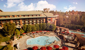 Wide aerial shot of the pool area