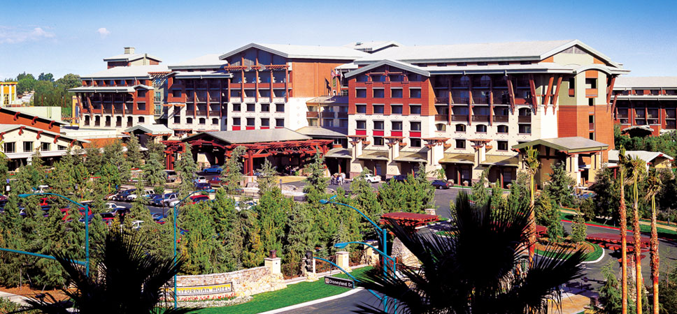 Aerial shot of parking lot and hotel entrance