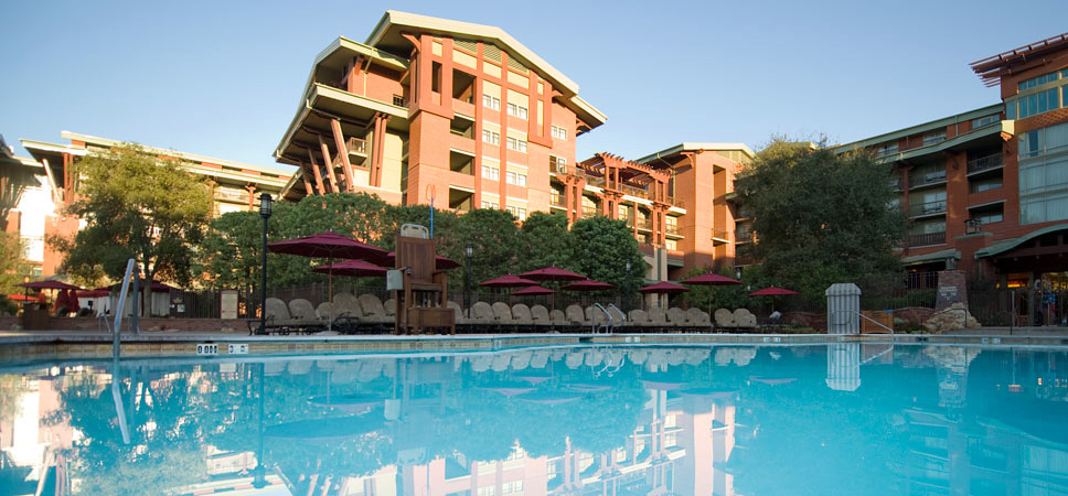 From the water level, see the rising Resort hotel.