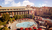 Wide aerial shot of the pool area
