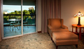 From the living area look to the balcony which provides a view of a nearby Disney California Adventure Park attraction rising above the treeline.