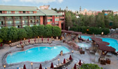 An aerial view of the 3 pools, lounge areas and outdoor hot tub