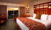 Wide shot of standard room with king-size bed and surroundings