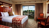 Interior shot of room decorated in warm red wood