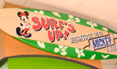 Surfboard decoration with sign: Surf's Up! Breakfast with Mickey & Friends