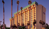 Exterior shot with palm trees and Disney's Paradise Pier Hotel, complete with wave design