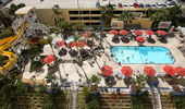 An aerial view of the pool and water-slide area at Disney's Paradise Pier Hotel