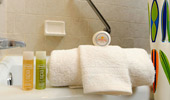 Guest-size bottles of shampoo and body wash.